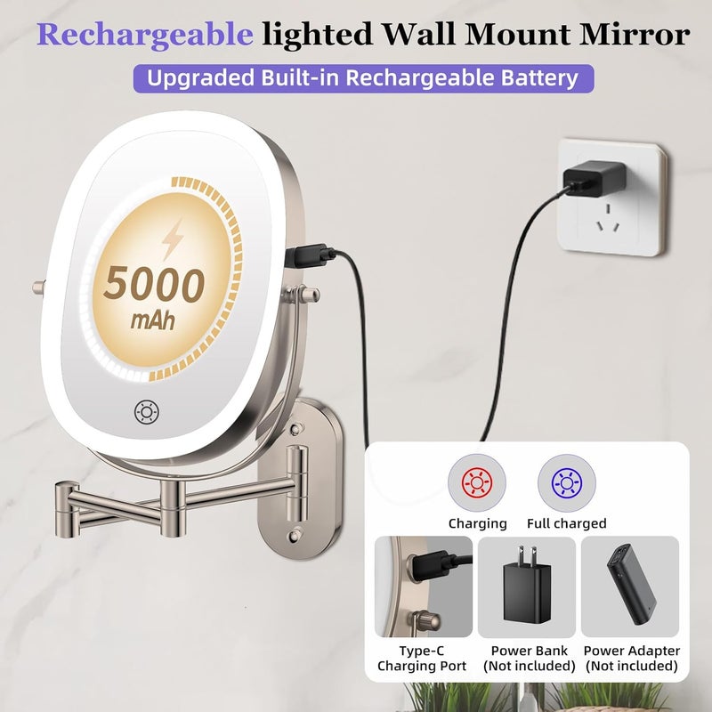 FUNTOUCH 30X/1X Wall Mounted Lighted Makeup Mirror,5000mAh Rechargeable Double Sided Magnifying Bathroom Lighted Mirror, 3 Color Modes Touch Dimmable Extended Arm 360 Rotation, Brush Nickel - Image 2
