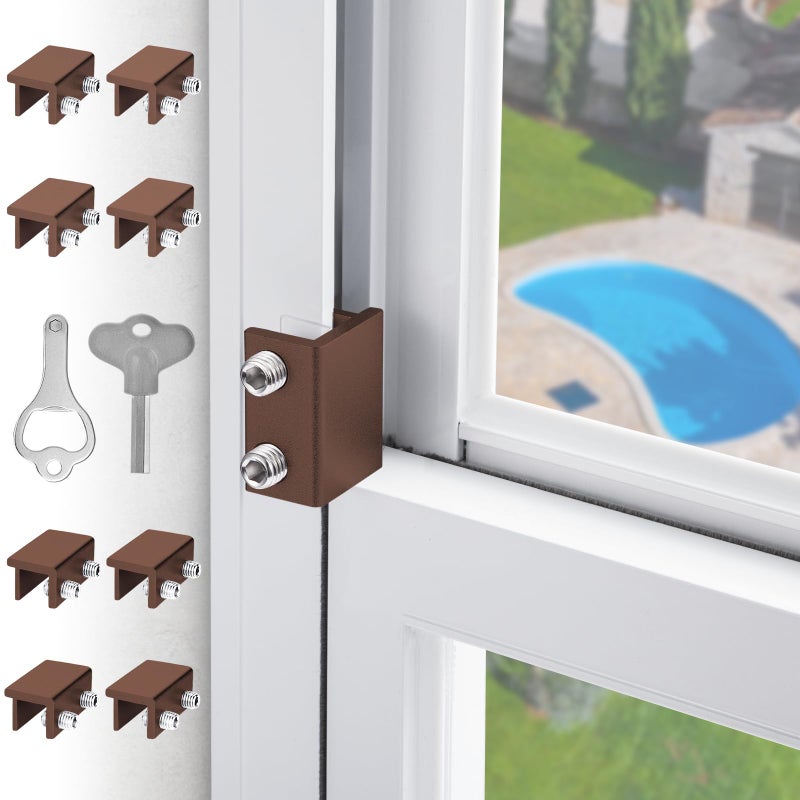 CRODOER Window Locks for Sliding Windows Sliding Window Lock Security with Keys Adjustable Sliding Door Lock Without Drilling Easv to Install Child Locks for Sliding DoorPatio Door8 Sets Brown - Image 2