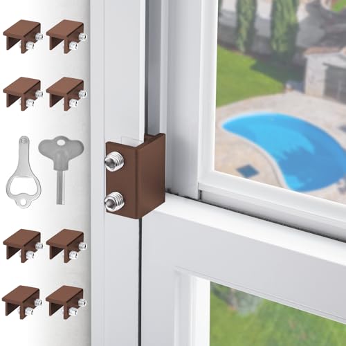 CRODOER Window Locks for Sliding Windows Sliding Window Lock Security with Keys Adjustable Sliding Door Lock Without Drilling Easv to Install Child Locks for Sliding DoorPatio Door8 Sets Brown - Image 1