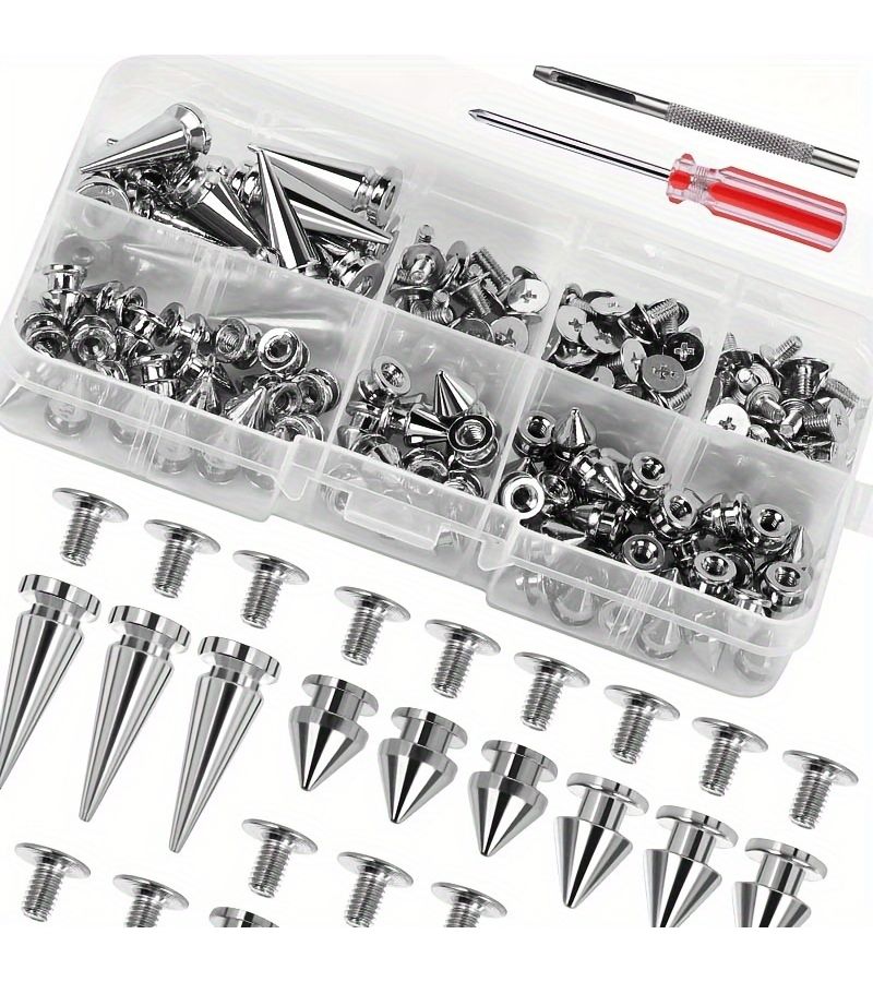 180 Pcs Assorted Size Tapered Studs Spiral Stud Bolts 3 Sizes Metal Tree Stud Bolts Silvery Suitable for Punk Style Clothing Accessories DIY Craft Decorations - Image 1