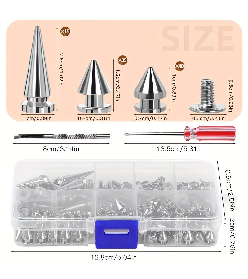 180 Pcs Assorted Size Tapered Studs Spiral Stud Bolts 3 Sizes Metal Tree Stud Bolts Silvery Suitable for Punk Style Clothing Accessories DIY Craft Decorations - Image 2