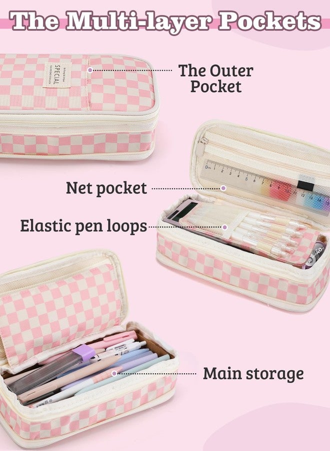 Bigmeta Large Capacity Pencil Case for Teens Girls - Cute Checkerboard Pencil Pouch with Zipper, Stationery Bag Box for Student Back to School Gifts, Pink - Image 3