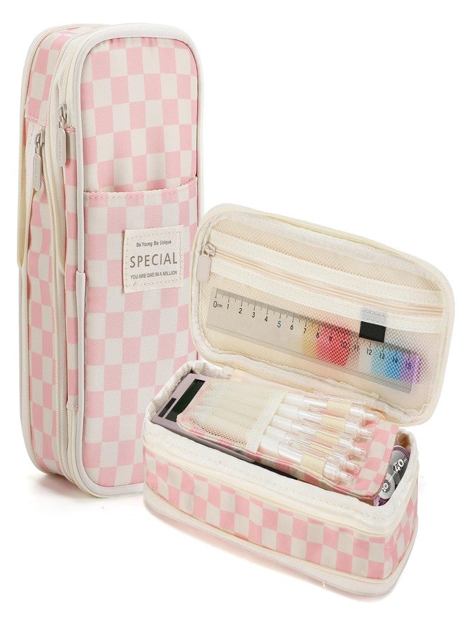 Bigmeta Large Capacity Pencil Case for Teens Girls - Cute Checkerboard Pencil Pouch with Zipper, Stationery Bag Box for Student Back to School Gifts, Pink - Image 1