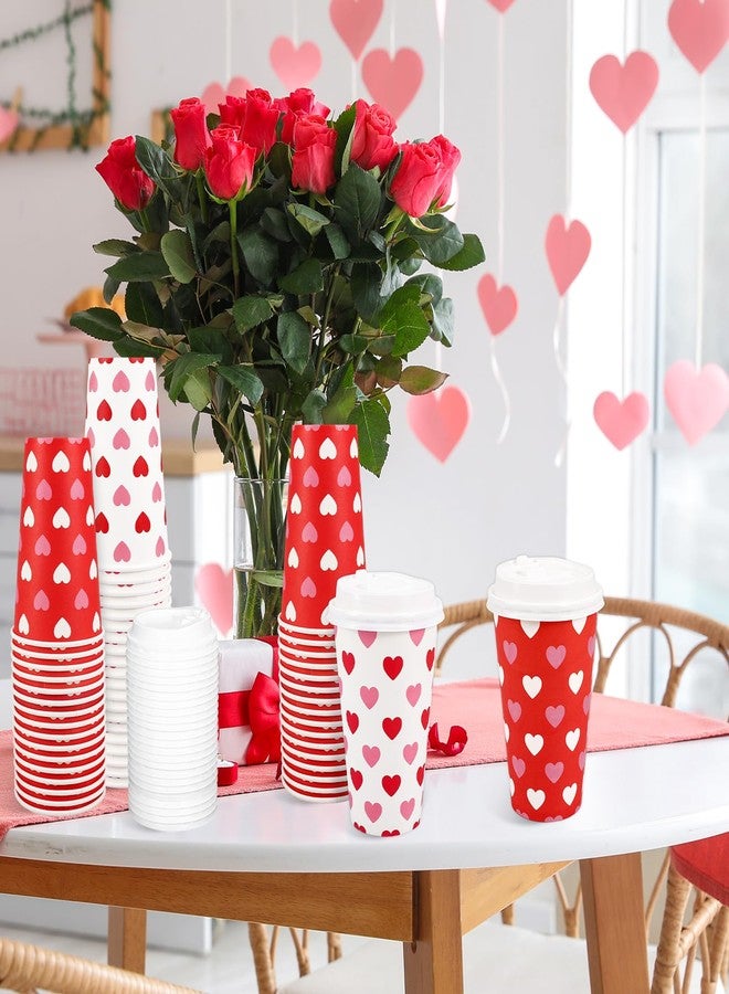 Whaline 100Pcs 16Oz Valentine' s Day Disposable Coffee Cups with Lids Romantic Love Heart Paper Drinking Cup for Wedding Anniversary Mother' s Day Party Supplies - Image 5