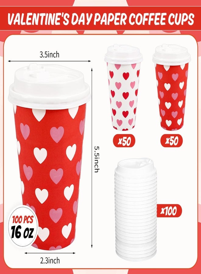 Whaline 100Pcs 16Oz Valentine' s Day Disposable Coffee Cups with Lids Romantic Love Heart Paper Drinking Cup for Wedding Anniversary Mother' s Day Party Supplies - Image 2