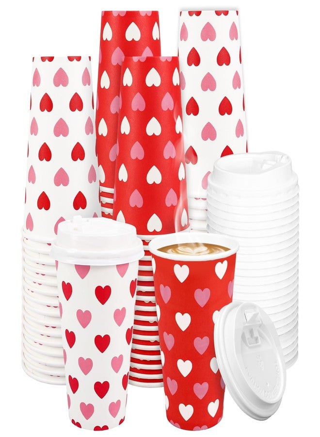 Whaline 100Pcs 16Oz Valentine' s Day Disposable Coffee Cups with Lids Romantic Love Heart Paper Drinking Cup for Wedding Anniversary Mother' s Day Party Supplies - Image 4