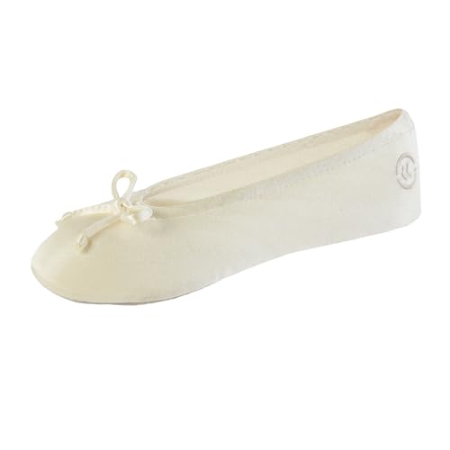 isotoner Women's Classic Stretch Satin Ballerina Slippers with Bow Tie and Leather Sole, Cream, 5-6 - Image 1