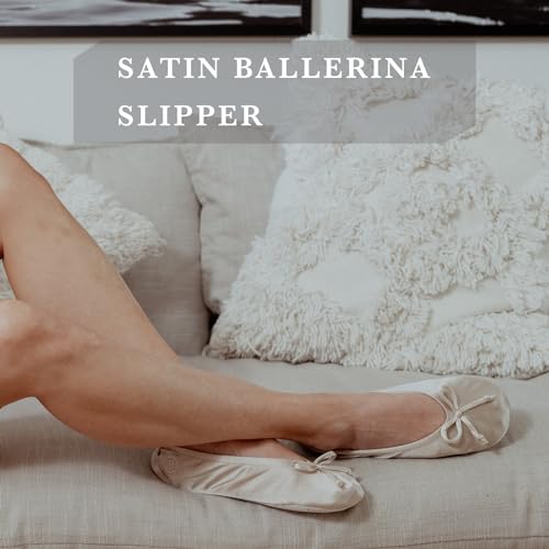isotoner Women's Classic Stretch Satin Ballerina Slippers with Bow Tie and Leather Sole, Cream, 5-6 - Image 2