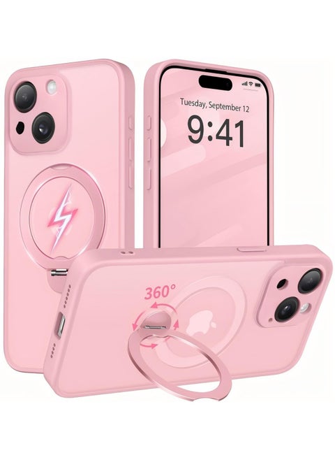Magnetic Phone Case for iPhone 15 Plus 360° Rotating Invisible Stand Design Full-Body Shockproof and Drop-Resistant High-Strength Translucent Protective Case Perfectly Compatible with MagSafe Pink