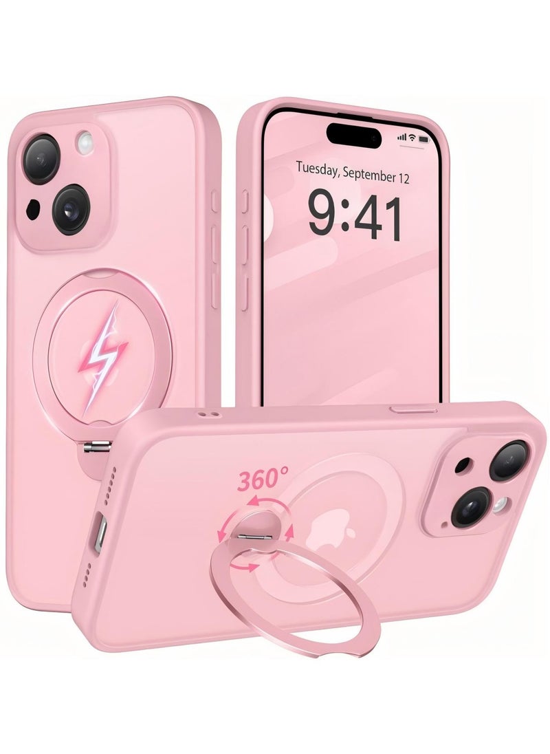 تونجيت جراب هاتف مغناطيسي لجهاز iPhone 15 Plus بتصميم حامل غير مرئي دوار بزاوية 360°، هيكل كامل مقاوم للصدمات والسقوط، جراب حماية شفاف عالي المتانة، متوافق تمامًا مع MagSafe، باللون الوردي.  - Image 1