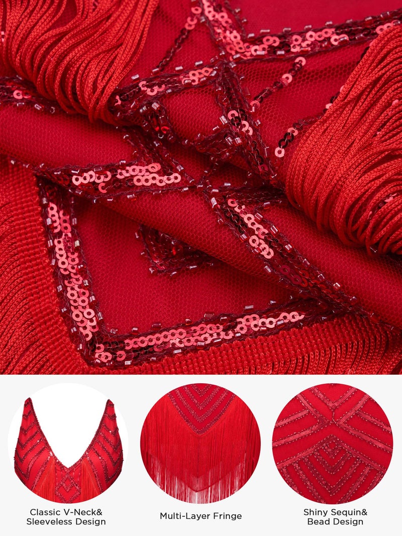 SWEETV 1920 Dresses for Women,V-Neck Flapper Dresses 1920s Gatsby Roaring 20s Costumes with 20s Accessories Set For Harlem Nights/Formal/Cocktail/Party/Prom/Club/Wedding,Small,Red - Image 4