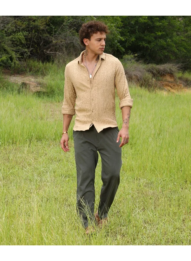 Campus Sutra Men's Buff Beige Micro Hexagon-Lined Shirt For Casual Wear | Spread Collar | Long Sleeve | Button Closure | Shirt Crafted With Comfort Fit For Everyday Wear