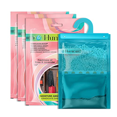 Humicure Moisture Absorber Dehumidifier Hanging Bags with 1 Litre Absorption Capacity for Wardrobe, Bathroom, Kitchen and Bedroom; Prevents Mould & Fungus (Pack of 3, 400gram each, Rose & Lavender) - Image 1