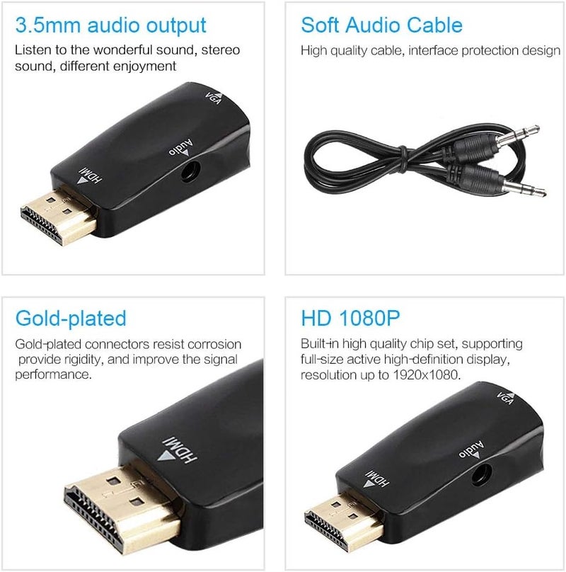 klarako HD 1080P HDMI Female to VGA Female Converter Adapter with 3.5mm Audio Output Cable for PC/Laptop/DVD/Desktop/Flat Panel/Digital STB/Player(Black) - Image 5