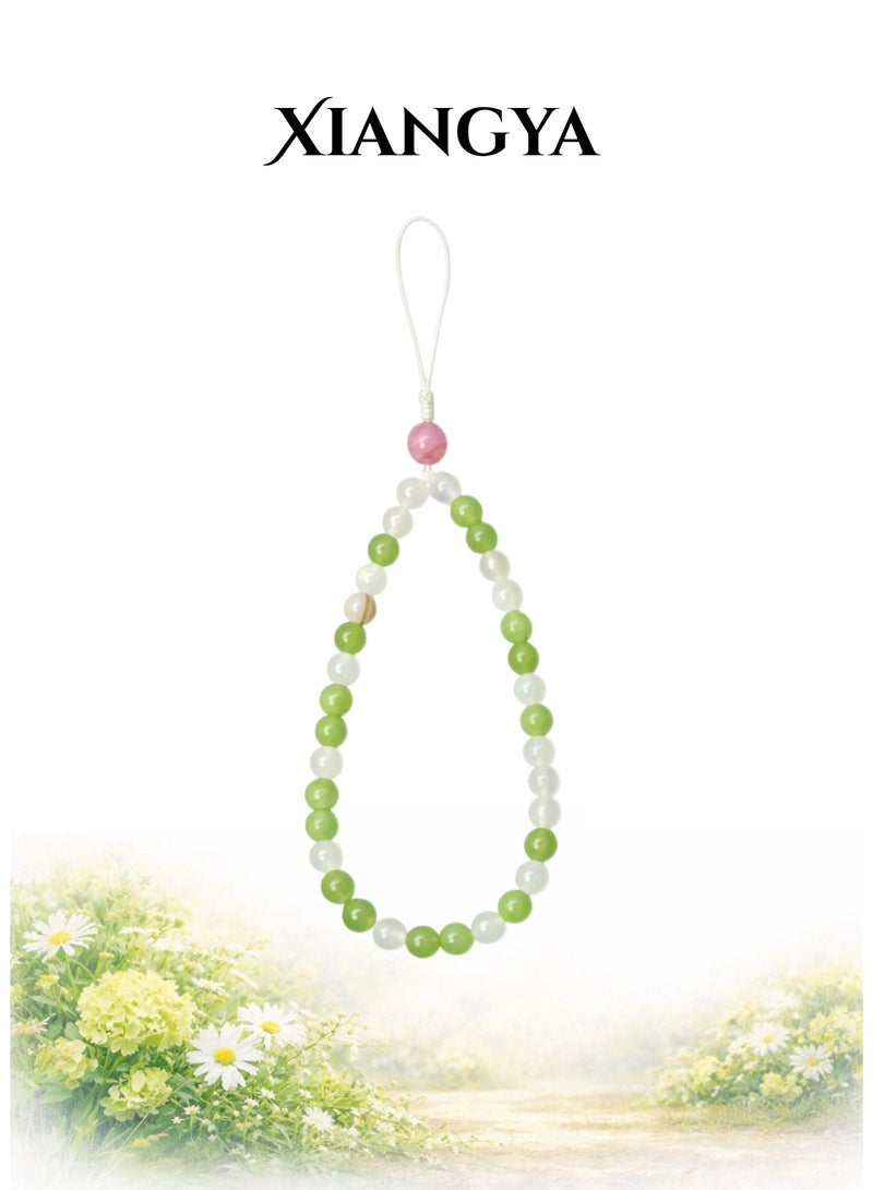 XIANGYA Phone Charm Lanyard Strap – Green Chalcedony Bead Chain with White Crystal Accents for Phone/Bag/Keychain - Image 1