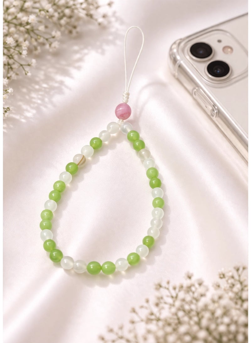 XIANGYA Phone Charm Lanyard Strap – Green Chalcedony Bead Chain with White Crystal Accents for Phone/Bag/Keychain - Image 2