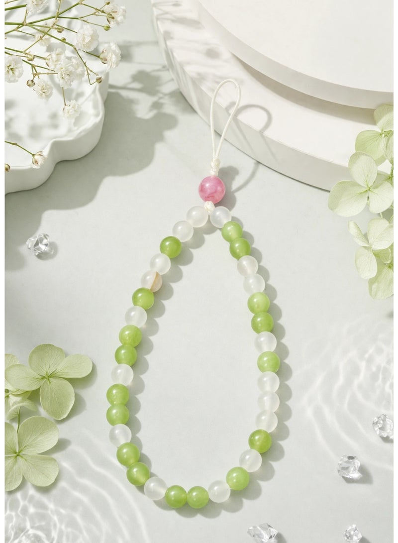 XIANGYA Phone Charm Lanyard Strap – Green Chalcedony Bead Chain with White Crystal Accents for Phone/Bag/Keychain - Image 4