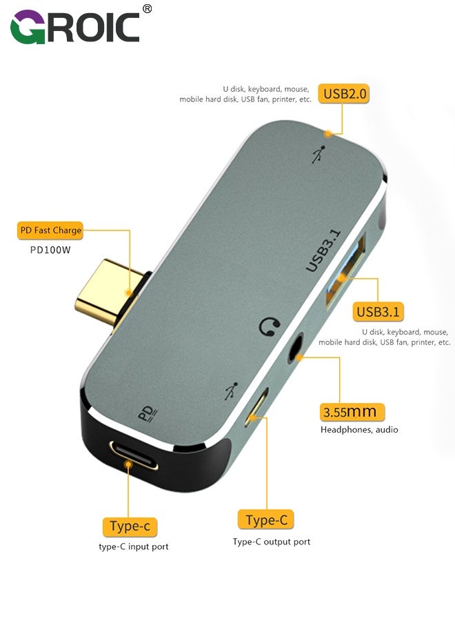 GROIC 5 in 1 Mini HUB Type C Hub Hot Swappable 10Gbps 100W Type c Expansion Dock Type C to PD+Type C+AUX+USB3.1+AUX+USB2.0 Hub for Win for Android for OS X  - Image 3