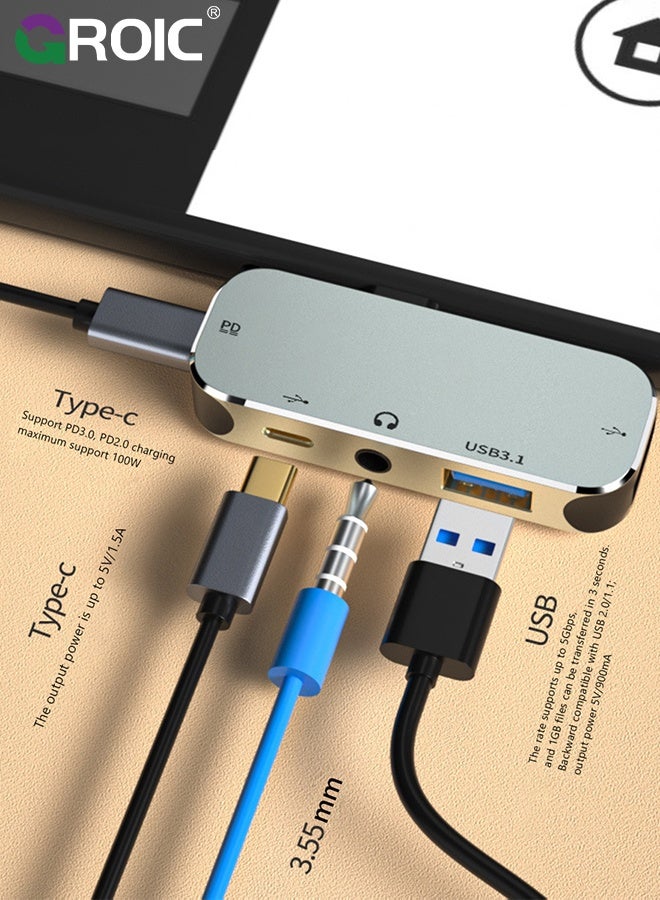 GROIC 5 in 1 Mini HUB Type C Hub Hot Swappable 10Gbps 100W Type c Expansion Dock Type C to PD+Type C+AUX+USB3.1+AUX+USB2.0 Hub for Win for Android for OS X  - Image 4