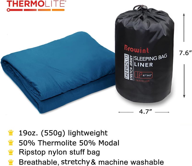 BROWINT Thermolite Sleeping Bag Liner with Zippers for Cold Weather, Lightweight Mummy with Hood & Rectangular Sleep Sack for Adult, Adds Warmth, Thermal Travel Liner, All Season - Image 3