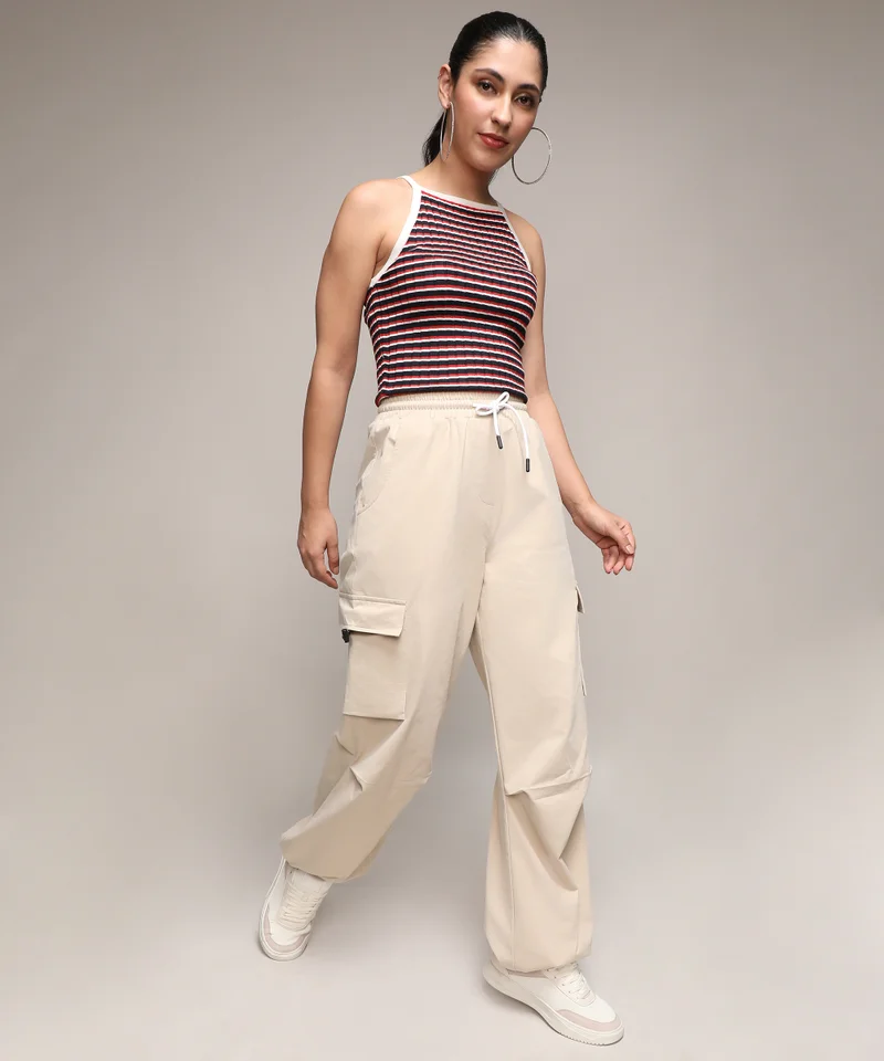 Campus Sutra Women's Beige Solid Cargo Parachute Trousers