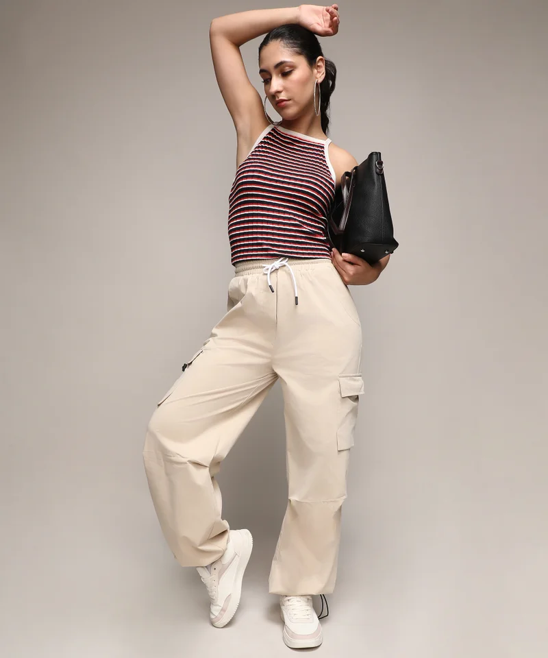 Campus Sutra Women's Beige Solid Cargo Parachute Trousers