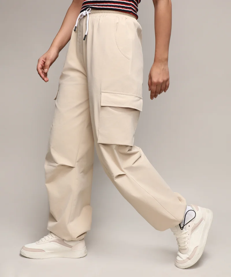 Campus Sutra Women's Beige Solid Cargo Parachute Trousers