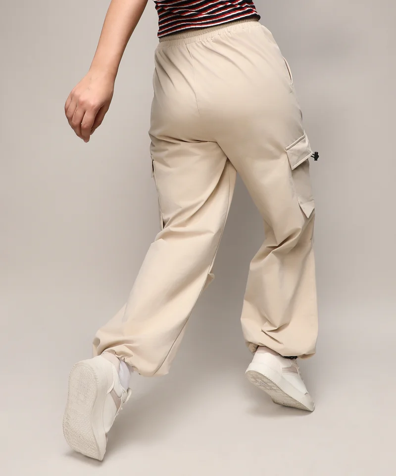 Campus Sutra Women's Beige Solid Cargo Parachute Trousers