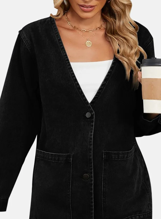 يونيكي Black V Neck Long Sleeve Denim Jacket