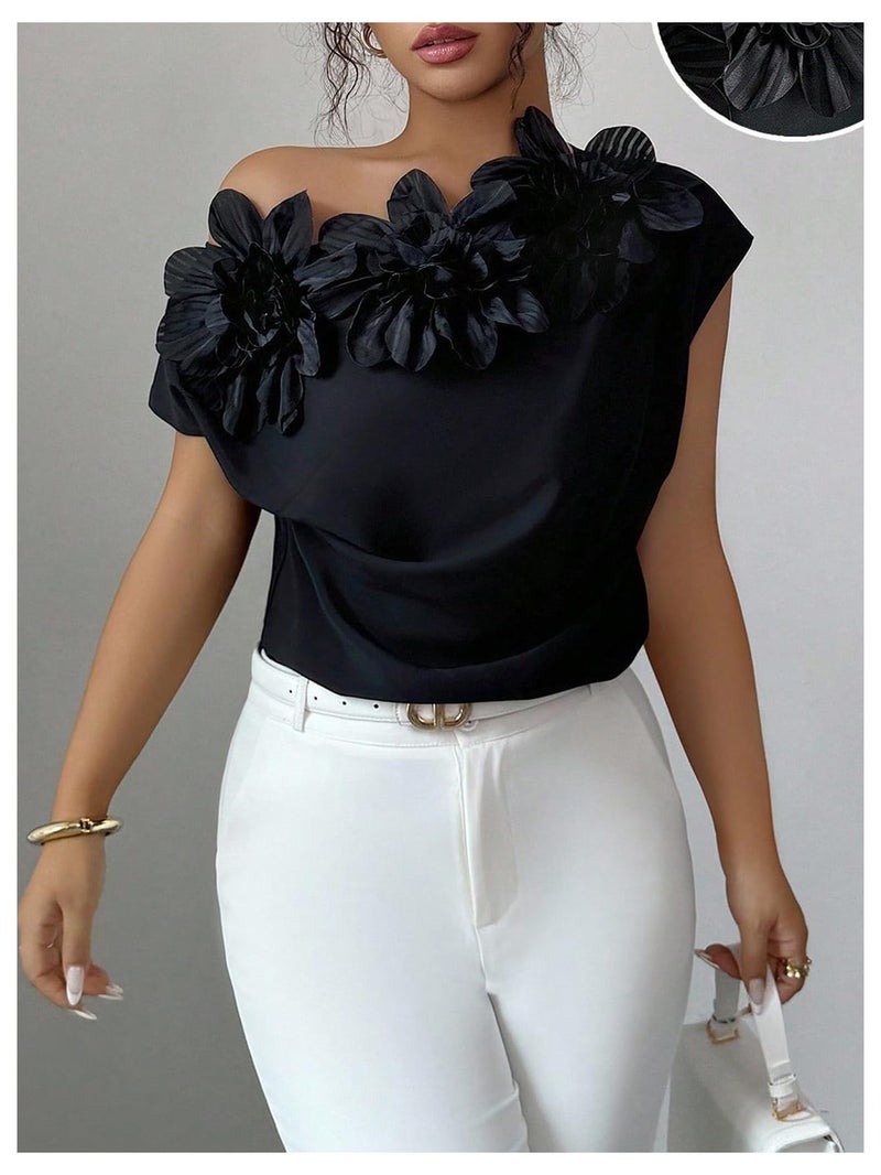 OYOANGLE Women's 3D Floral Off The Shoulder Cap Sleeve Blouse Casual Elegant Cocktail Dressy Tops Shirt Black X-Large - Image 2