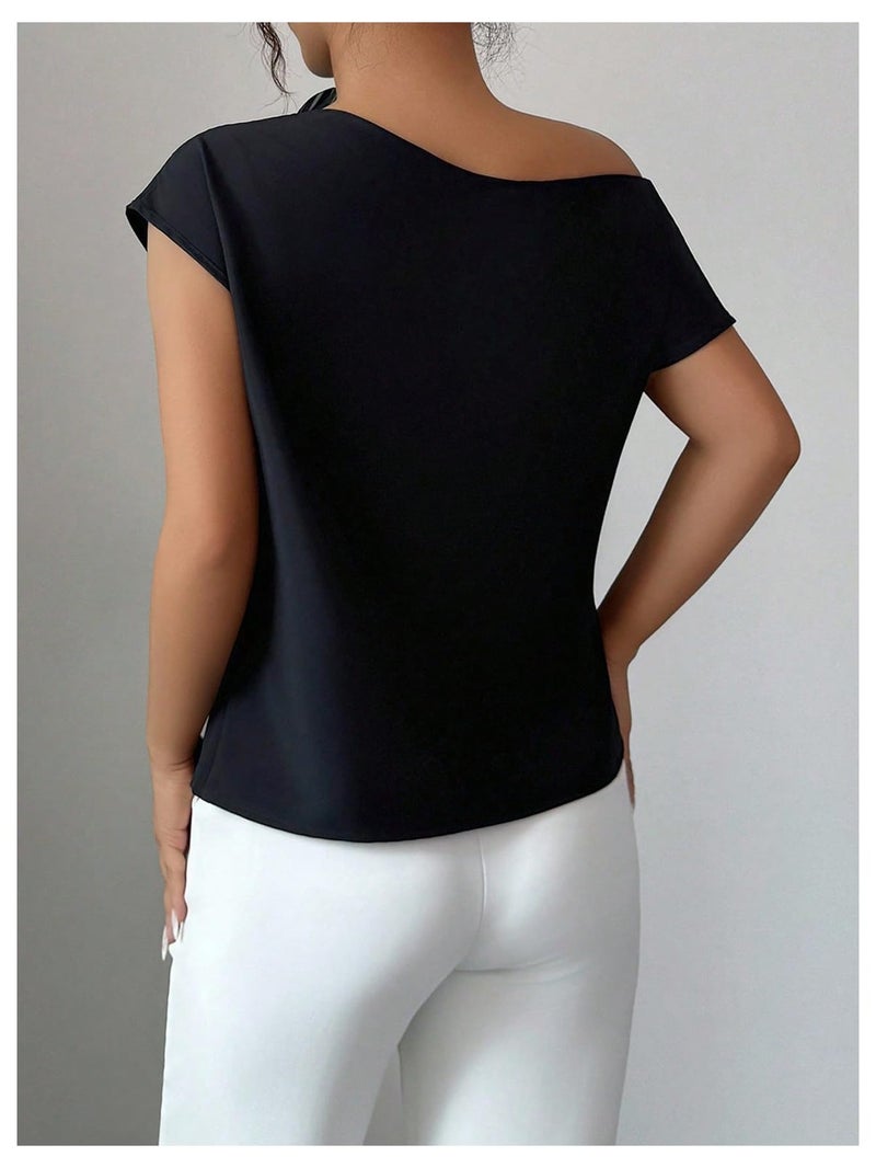 OYOANGLE Women's 3D Floral Off The Shoulder Cap Sleeve Blouse Casual Elegant Cocktail Dressy Tops Shirt Black X-Large - Image 3