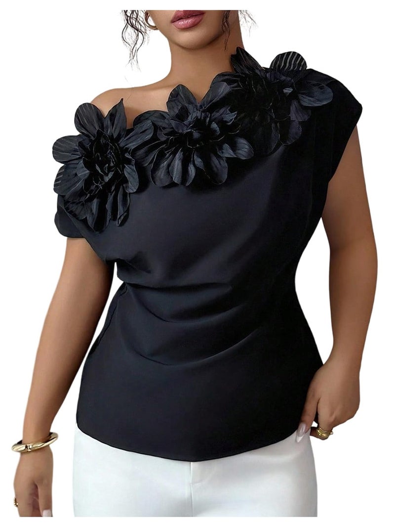 OYOANGLE Women's 3D Floral Off The Shoulder Cap Sleeve Blouse Casual Elegant Cocktail Dressy Tops Shirt Black X-Large - Image 1