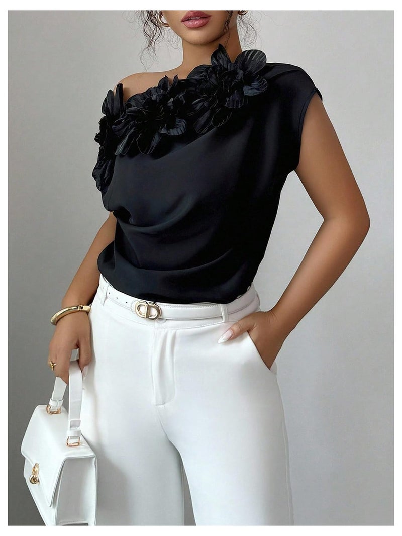 OYOANGLE Women's 3D Floral Off The Shoulder Cap Sleeve Blouse Casual Elegant Cocktail Dressy Tops Shirt Black X-Large - Image 4
