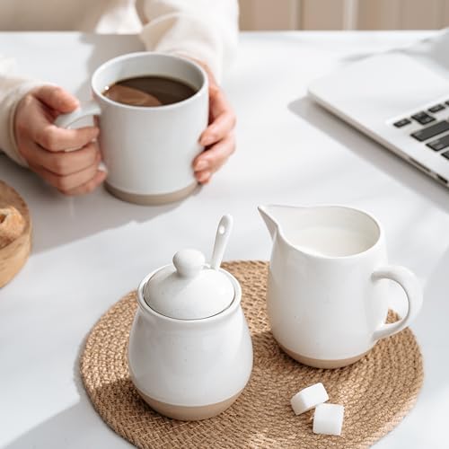 famiware Milkyway Ceramic Sugar and Creamer Set 10oz Sugar Bowl 13oz Creamer Set Stoneware Milk Pitcher Sugar Dispenser for Coffee Bar Kitchen or Countertop Coffee Serving Set White - Image 3
