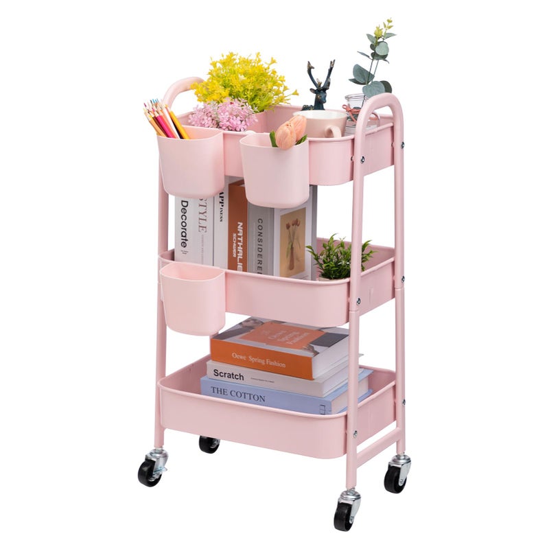 DOEWORKS Metal Storage Trolley on Wheels Rolling Kitchen Trolley Cart Craft Trolleys Beauty Trolleys 3Tier Storage Cart for Books Room Bathroom Office Pink with 3 Cups
