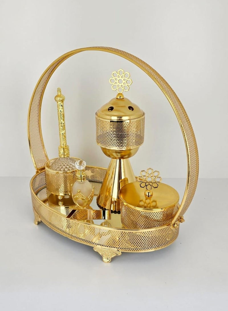 رادین طقم مبخرة بخور ذهبي فاخر معدني على الطراز العربي مع زجاجة عطر وحاويات للتخزين - Image 1