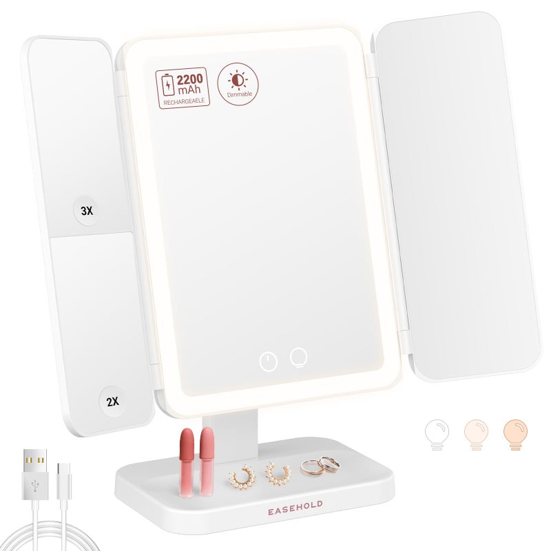 EASEHOLD Vanity Mirror with Lights  2X 3X Magnification  Trifold  Rechargable  Touch Control - Gifts for Girls & Women - Image 1
