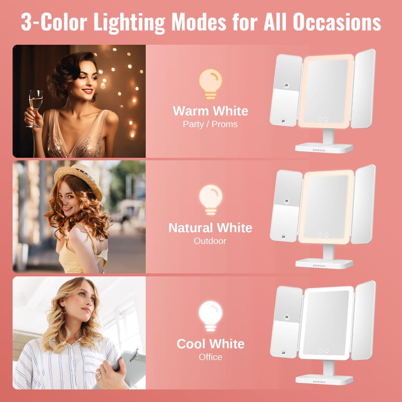 EASEHOLD Vanity Mirror with Lights  2X 3X Magnification  Trifold  Rechargable  Touch Control - Gifts for Girls & Women - Image 5