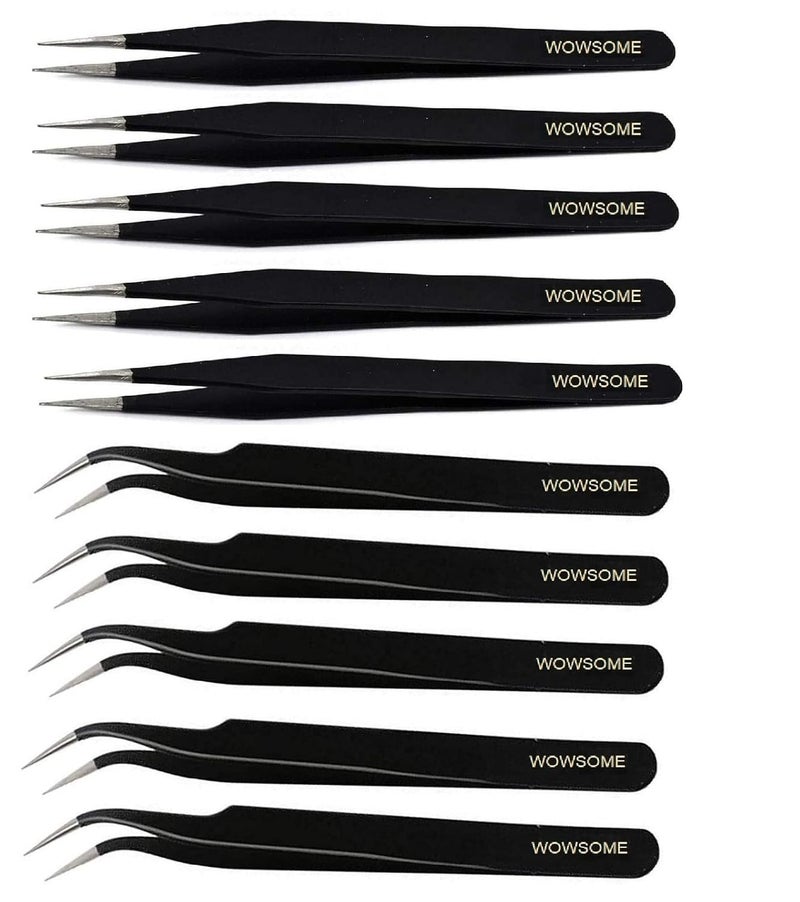 WOWSOME WOWSOME 10 ESD Safe Black Coated MultiPurpose 5 Pcs Straight 5 Curved Tips Tweezers Used for mobilegadgetlaptop repair and jewelry repair - Image 1