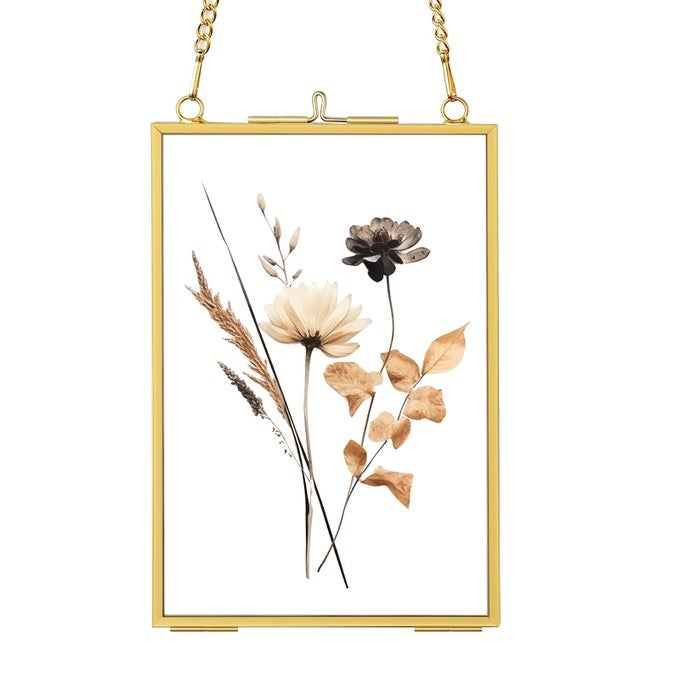 4X6 GOLD FLOATING PICTURE FRAMES DOUBLE GLASS HANGING FRAME FOR PRESSED FLOWER VINTAGE BRASS PHOTO FRAME WITH METAL CHAIN FOR WALL MOUNT SMALL VERTICAL CLEAR FRAME FOR ARTWORK DISPLAY GALLERY HOME