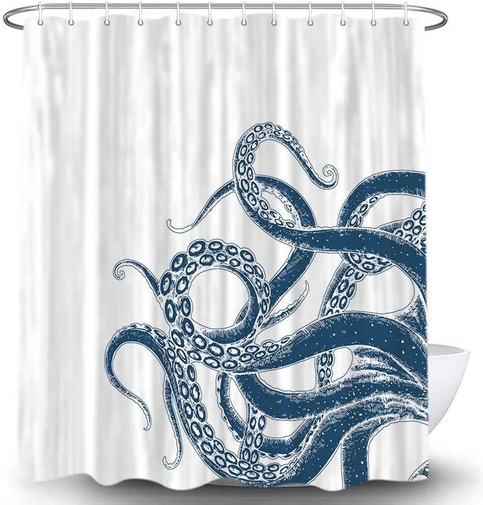 OCTOPUS DECOR SHOWER CURTAIN FOR BATHROOM FUNNY BLUE AND WHITE SEA MONSTER KRAKEN ANIMAL FABRIC SHOWER CURTAINS SET UNIQUE NOVELTY NAUTICAL KIDS RESTROOM ACCESSORIES WITH HOOKS 72X72INCHES