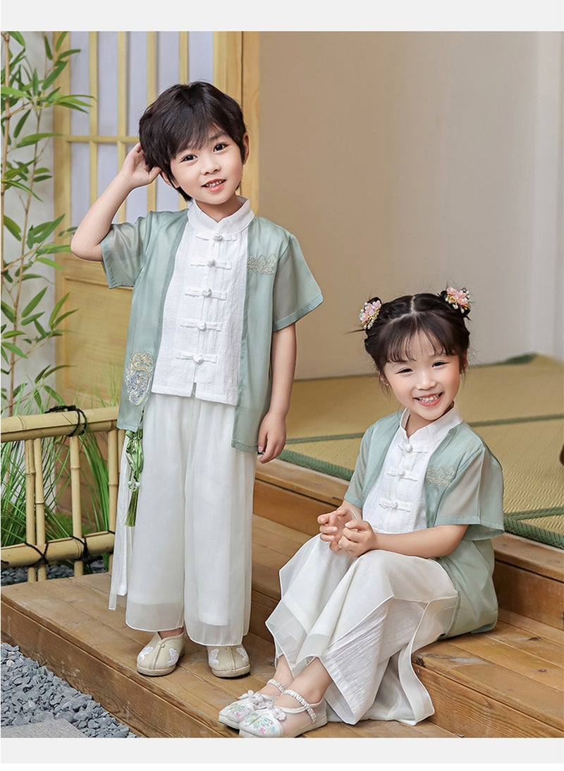 Boys And Girls Hanfu Chinese Style Set white Shirt and Pants Two-piece Suits Spring And Autumn New Children's Tang Dynasty Fashion Clothes  - Image 1