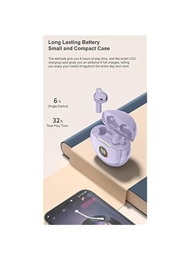 in-Ear Wireless Bluetooth 5.1 Headphones, Earbuds IPX7 Waterproof with Microphone Rechargeable USB C Case with Round LCD Display for Smartphones Android iOS (Purple)