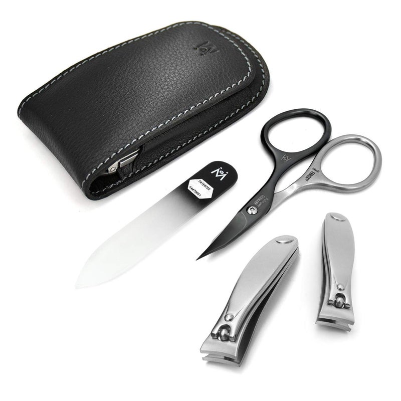 GERMANIKURE 4pc Manicure Set Handmade in Solingen Germany FINOX High Carbon Stainless Steel Nail Clippers SELF Sharpening Combination Scissors Czech Glass Nail File in Leather Case - Image 2