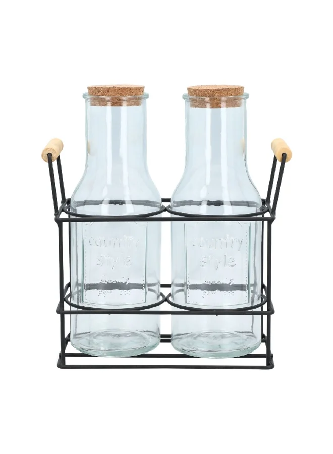 Bien Servi 3-Piece Elegant Design Glass Drinking Juice Jar Set Clear and Black 3525