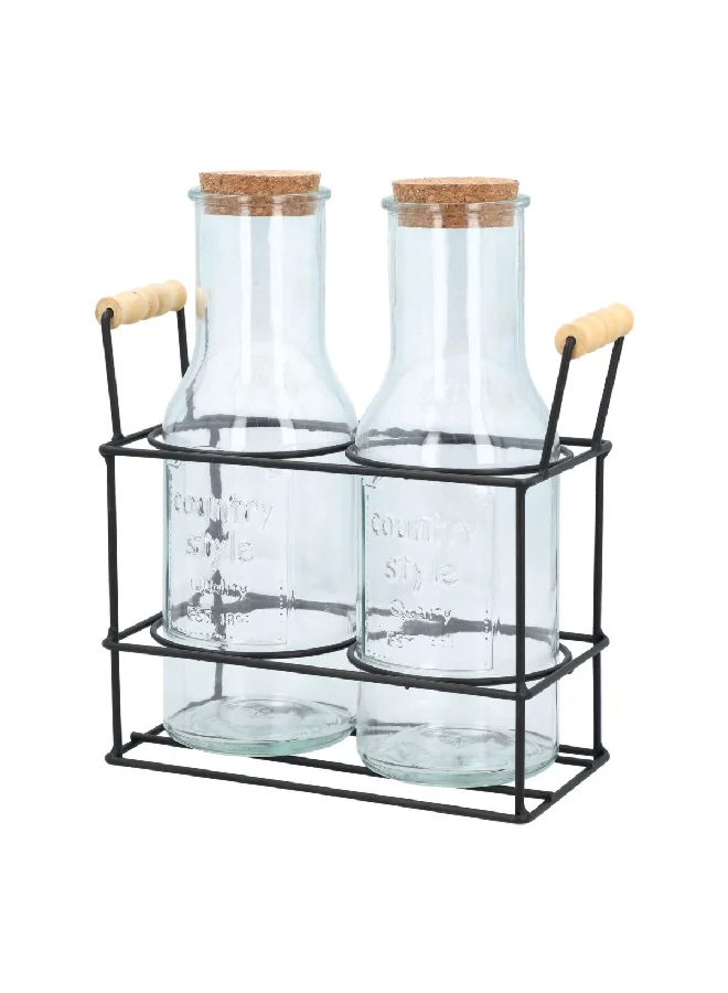 Bien Servi 3-Piece Elegant Design Glass Drinking Juice Jar Set Clear and Black 3525