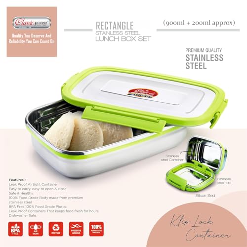 Classic Steels Satinless Steel Rectangle Lunch Box 900 ml + 200 ml Leak Proof Air Tight Lunch Box Green - Image 5