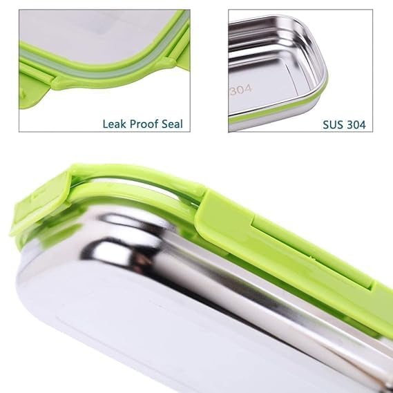 Classic Steels Satinless Steel Rectangle Lunch Box 900 ml + 200 ml Leak Proof Air Tight Lunch Box Green - Image 2