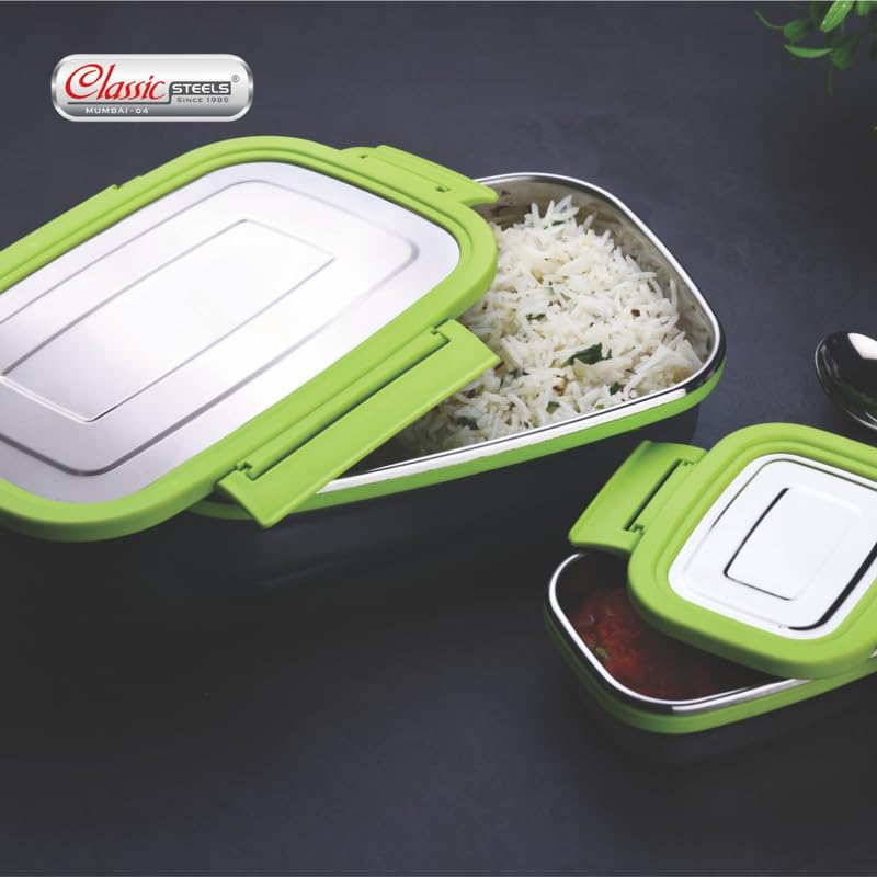Classic Steels Satinless Steel Rectangle Lunch Box 900 ml + 200 ml Leak Proof Air Tight Lunch Box Green - Image 3
