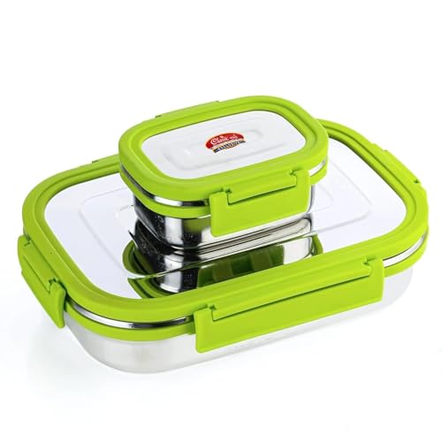 Classic Steels Satinless Steel Rectangle Lunch Box 900 ml + 200 ml Leak Proof Air Tight Lunch Box Green - Image 1